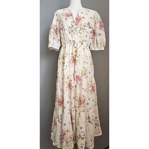 Tolani Floral Eyelet Maxi Dress Boho Tired Cottagecore Prairie Puff Sleeve SZ L